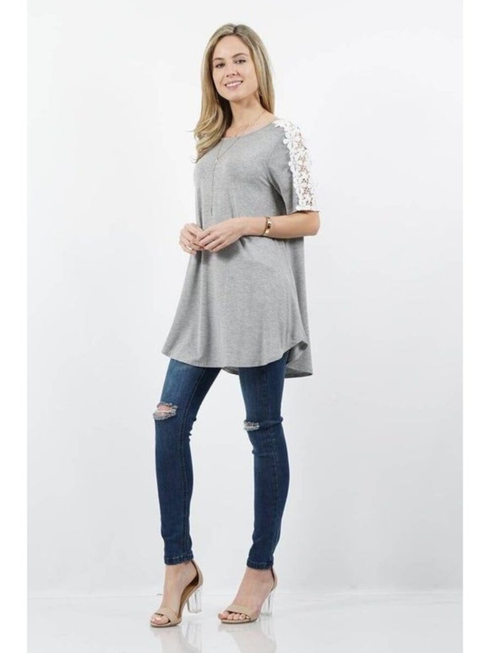Women's Gray Short Sleeve Top With Crochet White Floral Lace Accent